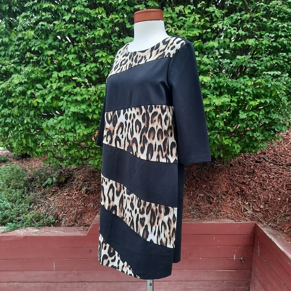 Chico's Asymmetric Leopard Colorblock Print Ponte Stretch Dress Slimming Petite - Picture 11 of 11